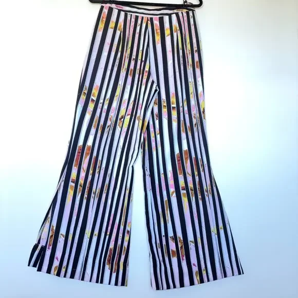 Bisou Bisou Michele Bohbot Striped Wide Leg Pants Black Side Zip Slit Womens S - Picture 2 of 12